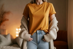 Mustard shirt blue jeans cardigan image Product Image 1
