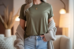 Olive green t shirt light wash jeans mockup t-shirt Product Image 1