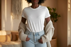 Woman wearing white t shirt and jeans Product Image 1