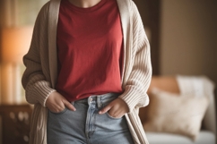 Red shirt beige cardigan denim jeans clothing apparel Product Image 1