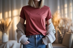 Woman wearing terracotta t shirt and denim jeans image Product Image 1