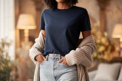 Woman wearing navy t shirt and cardigan image Product Image 1