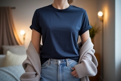 Navy shirt light jeans cardigan image Product Image 1