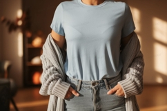 Light blue t shirt grey cardigan denim jeans mockup Product Image 1
