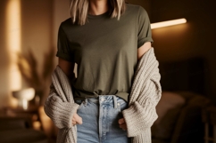 Olive green t shirt denim jeans cardigan image Product Image 1