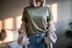 Olive green t shirt beige cardigan blue jeans mockup Product Image 1