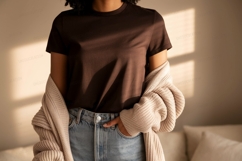 Woman wearing brown t shirt and denim jeans image Product Image 1