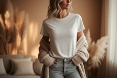 Woman wearing white t shirt and jeans cardigan Product Image 1