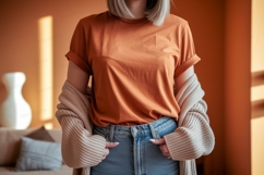 Orange shirt blue jeans cardigan image Product Image 1
