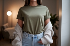 Olive green t shirt light wash jeans image Product Image 1