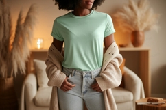 Woman wearing mint t shirt and cardigan image Product Image 1