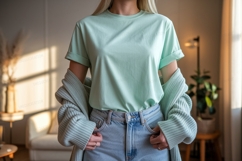 Mint green t shirt light blue jeans mockup Product Image 1