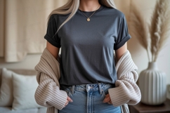 Dark gray t shirt and beige cardigan mockup clothing Product Image 1
