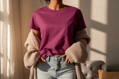 Woman wearing plum t shirt light jeans knit cardigan Product Image 1