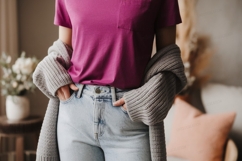 Magenta tee light denim jeans gray cardigan image Product Image 1