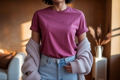 Woman wearing pink t shirt and blue jeans image Product Image 1