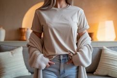 Woman wearing beige t shirt and cardigan image Product Image 1