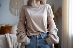 Woman wearing beige t shirt and denim image Product Image 1