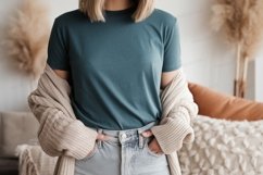 Teal shirt beige cardigan light jeans Product Image 1