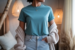 Teal shirt light jeans cardigan image Product Image 1