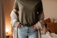Olive shirt light jeans cozy cardigan image Product Image 1