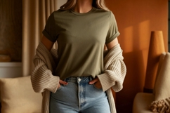 Olive green t shirt light blue jeans image Product Image 1