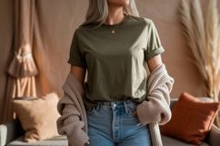Olive green t shirt beige cardigan mockup Product Image 1