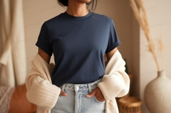 Woman wearing dark blue t shirt and cream cardigan Product Image 1