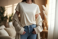 Cream shirt blue jeans cozy cardigan image Product Image 1