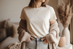 Cream tee and cardigan mockup shirt clothing Product Image 1