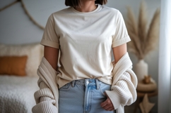 Cream t shirt light jeans neutral cardigan image Product Image 1