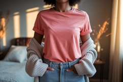 Woman wearing coral t shirt and denim jeans image Product Image 1