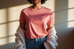 Woman wearing pink t shirt and jeans image Product Image 1