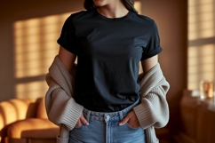 Woman wearing black t shirt and blue jeans image Product Image 1