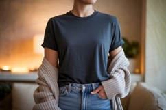 Dark grey t shirt mockup with cardigan Product Image 1