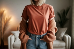 Orange shirt blue jeans cardigan image Product Image 1