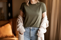 Olive green t shirt cream cardigan light wash jeans Product Image 1