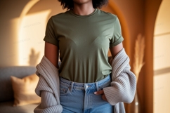 Olive green t shirt light wash denim image Product Image 1