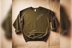 Olive Green Crewneck Tshirt Mockup On Fabric Product Image 1