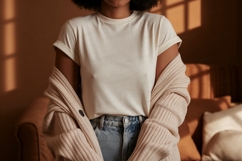 Cream tee light cardigan denim jeans woman Product Image 1
