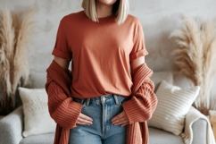 Terracotta tee denim jeans cozy cardigan mockup apparel Product Image 1