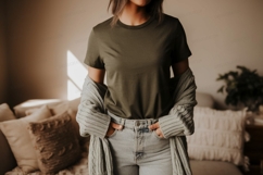 Olive green t shirt light wash denim mockup Product Image 1