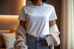 Woman wearing white t shirt and cardigan Product Image 1