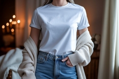 Woman wearing white t shirt and blue jeans mockup Product Image 1