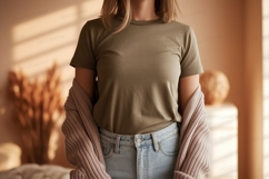 Olive green t shirt light blue jeans pink cardigan Product Image 1