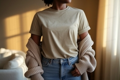 Woman wearing beige t shirt and blue jeans image Product Image 1