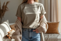 Woman wearing casual outfit shirt jeans Product Image 1