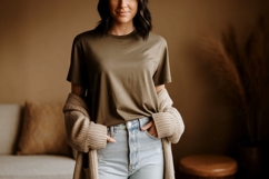 Woman wearing olive t shirt light jeans cardigan image Product Image 1