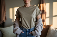 Woman wearing olive green t shirt and blue jeans image Product Image 1