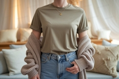 Olive green t shirt blue jeans cardigan image Product Image 1